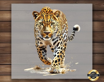 May include: A digital illustration of a leopard walking towards the viewer. The leopard has a tan coat with black spots and is set against a gray background. The image is framed by a wooden border.