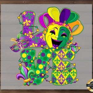Love Mardi Gras DTF Transfer, Jester Mask and Beads, Colorful Party Theme, Ready Press, DIY Shirt Print, Purple Gold Green, Fun Celebration