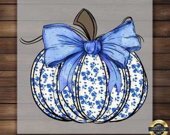 Blue Floral Pumpkin DTF Transfer, Fall Bow Ready To Press Iron On Transfer