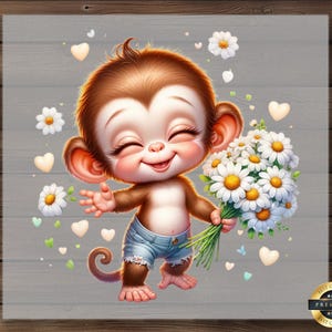 Cute Monkey DTF Transfer, Smiling Baby Monkey with Flowers and Hearts, Ready to Press Fun Animal Shirt for Kids or Baby
