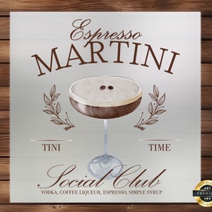 May include: A watercolor illustration of an espresso martini cocktail in a martini glass. The text "Espresso MARTINI" is at the top of the image. The text "Social Club" is below the glass. The text "VODKA, COFFEE LIQUEUR, ESPRESSO, SIMPLE SYRUP" is below "Social Club".
