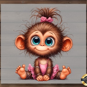 Monkey Ballerina Dtf Transfer, Cute Big Eyed Baby Monkey in Tutu with White Bow, Ready to Press Iron-On for Dance Apparel