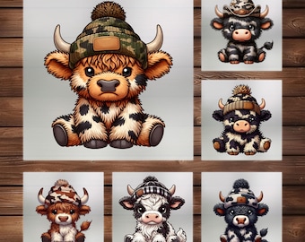 Baby Highland Cow Clipart DTF Transfer: Western Theme, Set of 6