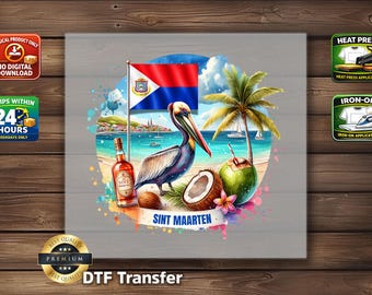 Sint Maarten DTF Transfer: Caribbean Island Flag Pelican Coconut Print