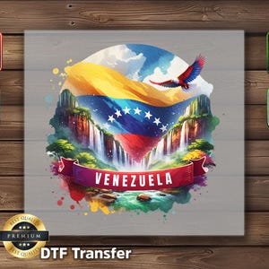 May include: A colorful watercolor design featuring the Venezuelan flag, waterfalls, and a soaring bird. The word "VENEZUELA" is displayed on a banner. This DTF transfer is a physical product.
