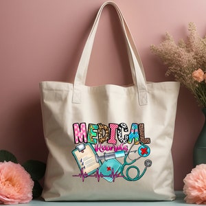 May include: A white canvas tote bag with a colorful design featuring the words "MEDICAL RECORDS" and medical symbols like a stethoscope, syringe, and a clipboard. The design is in a patchwork style with different patterns and colors.