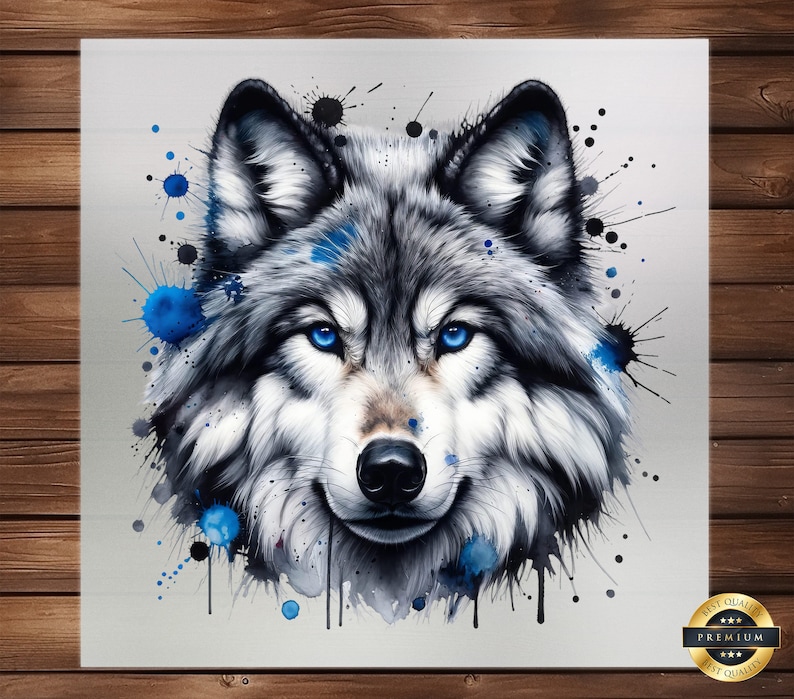 May include: A watercolor painting of a wolf's face with blue and black paint splatters. The wolf has blue eyes and a white and gray coat.