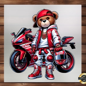 Hip Hop Biker Racer Graffiti Bear Cartoon DTF Transfer, Urban Style Print, Ready to Press, DIY Craft Supply, Iron On Decal