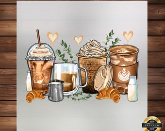 Op de afbeelding: Een digitale illustratie van vier verschillende koffiedrankjes, waaronder een latte, een cappuccino, een ijskoffie en een cold brew. De drankjes zijn omringd door harten, bladeren en croissants.
