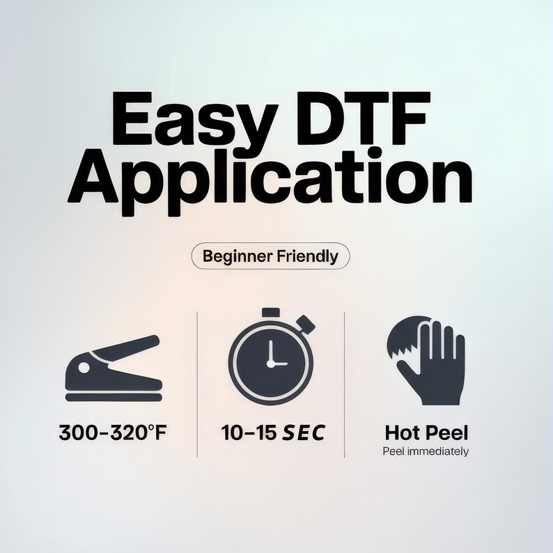 The image is a promotional graphic for an easy DTF (Digital Transfer Factory) application. It features three icons representing different stages of the application: a stapler, a stopwatch, and a hot peel. The text above the icons reads "Easy DTF Application" and below the icons, it says "Beginner Friendly". The icons indicate that the application is suitable for beginners and allows for immediate use.