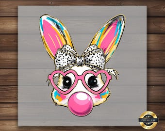 Cute Easter Bunny DTF Transfer, Bow and Glasses, Bubble Gum Print