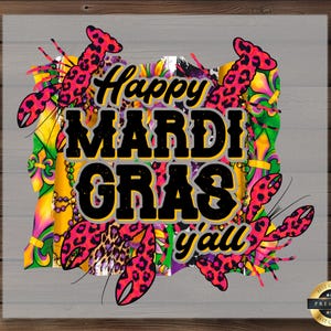 Mardi Gras Y&#39;all DTF Transfer, Lobster Beads, Festive Party Theme, Purple Gold Green, Ready To Press, DIY Shirt Print, Carnival Celebration