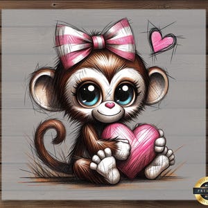 Baby Monkey Valentine's Day DTF Transfer: Pink Bow, DIY Apparel