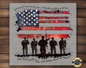 May include: A watercolor painting of an American flag with a silhouette of soldiers standing in front of it. The text "land of the free because of the brave" is written above the flag. The text "honor and remember" is written below the soldiers.