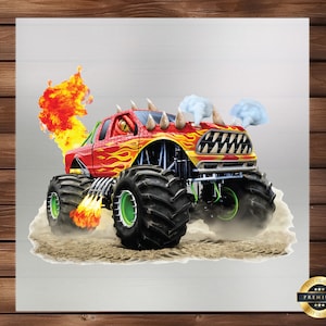 May include: A red monster truck with flames and smoke coming out of the exhaust. The truck has large tires and a fierce expression.