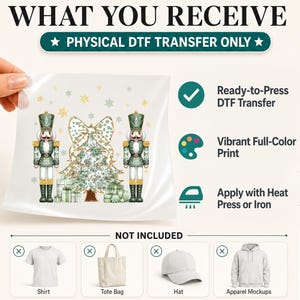 May include: A physical DTF transfer sheet featuring two green nutcrackers flanking a Christmas tree with a large leopard print bow, surrounded by gifts and snowflakes. Text includes WHAT YOU RECEIVE, PHYSICAL DTF TRANSFER ONLY, and NOT INCLUDED.