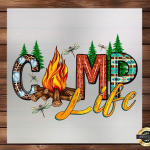 Transferencia DTF de Camp Life: Detalle termoadhesivo para acampar