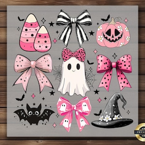 May include: A collection of Halloween-themed illustrations on a gray background. The image includes a pink pumpkin, bows, a ghost, a bat, candy corn, and a witch's hat. The bows have various patterns, including polka dots and stripes. Stars and bats are scattered around the illustrations.