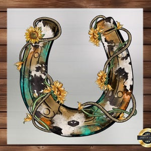 Transferencia DTF: Herradura y girasol - Estilo rústico de piel de vaca