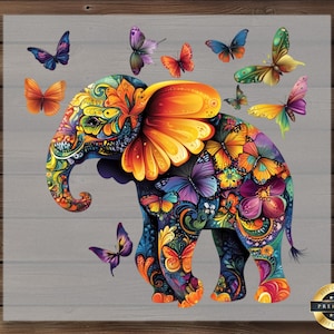 Colorful Elephant DTF Transfer: Boho Butterfly Design, Ready to Press