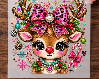 Pink Christmas Reindeer DTF Transfer, Candy Cane Leopard Bow Girly Holiday Ready To Press