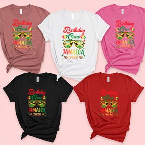 a collection of five t-shirts, each with a birthday crew design featuring Jamaica and the year 2020.