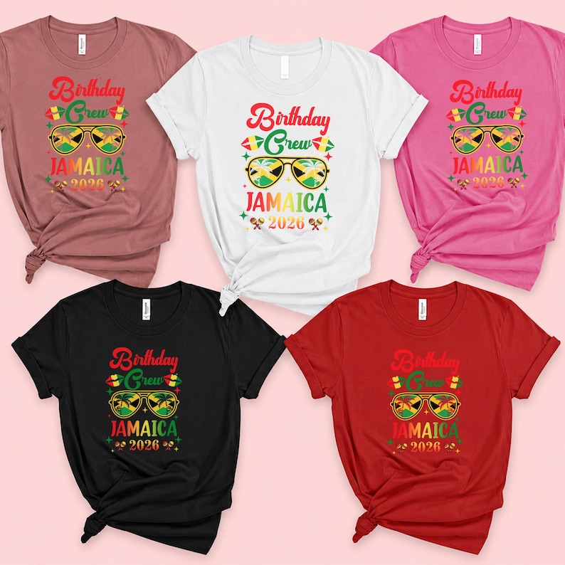 a collection of five t-shirts, each with a birthday crew design featuring Jamaica and the year 2020.