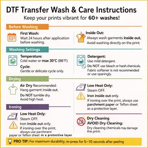 a set of instructions for transferring wash and care instructions for a printer wash, including details on how to properly care for the printer and maintain the printer's longevity.