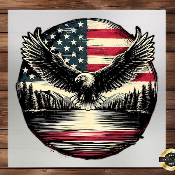 Circular USA Flag Eagle DTF Transfer, Patriotic Emblem Design, Easy to Apply, Round American Eagle & Flag Graphics for Apparel