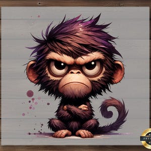 May include: A cartoon illustration of a brown monkey with a purple mohawk, sitting with its arms crossed and a serious expression. The monkey has a long tail and is set against a light gray background with purple and pink watercolor splatters.