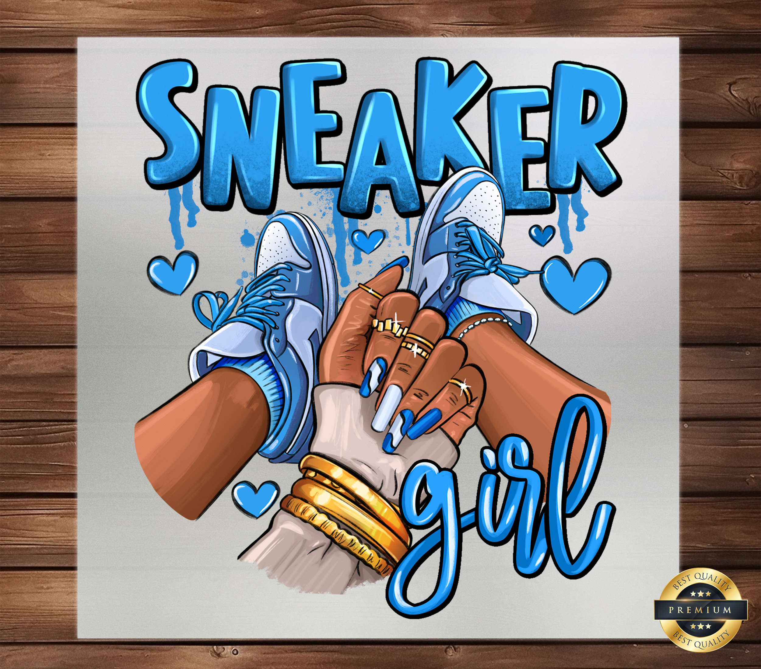 Sneaker Girl Afro Woman Blue DTF Transfer, Stylish Design, Perfect for Custom Apparel, Ready to Press, Iron on Decal, DIY Craft Supply