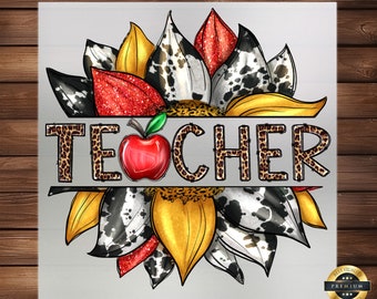 Teacher Sunflower DTF Transfer: Chic Leopard & Apple - Educational Style, Ready to Press, Iron On