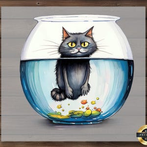 Cat in Fishbowl DTF Transfer, Funny Curious Feline Print, Unique Cat Lover Art, Ready To Press, DIY Gift for Pet and Fish Lovers