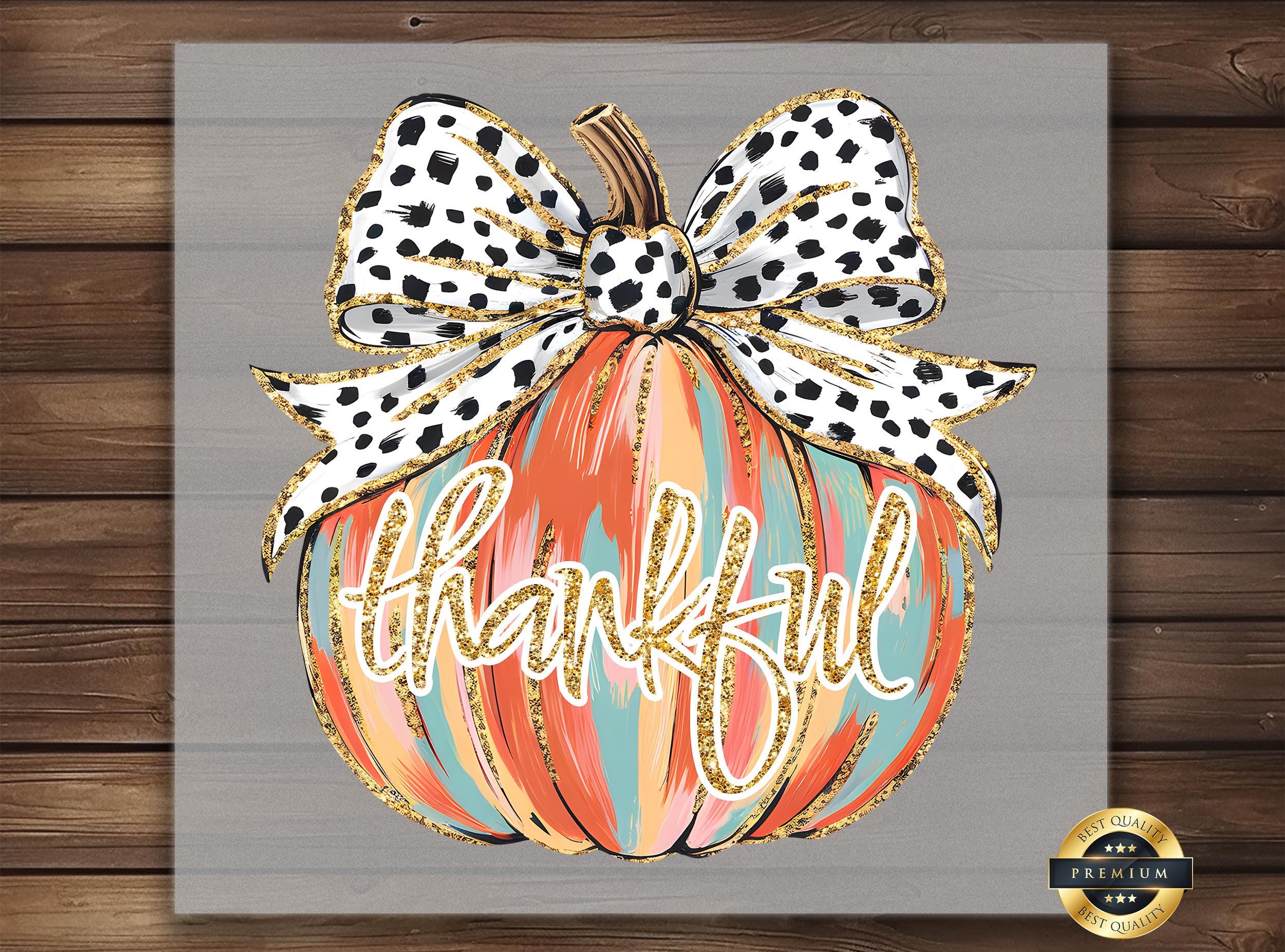 Transferencia DTF de calabaza agradecida con lazo, diseño termoadhesivo de otoño listo para planchar para prendas DIY, manualidad perfecta para Acción de Gracias y otoño