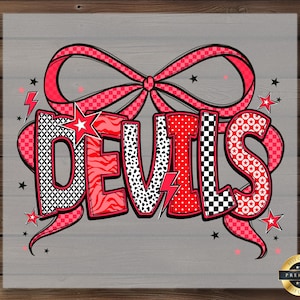 Devils DTF Transfer with Pattern Letters and Star Details, Cheer Spirit School Mascot Shirt Decal, Ready to Press