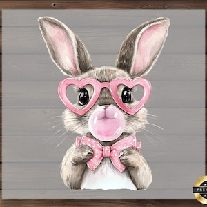 May include: A cartoon bunny wearing pink heart-shaped glasses and a pink bow tie, blowing a pink bubble. The bunny has brown fur and pink ears.