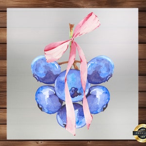 May include: A cluster of blue blueberries tied together with a pink ribbon. The blueberries are painted in a watercolor style.