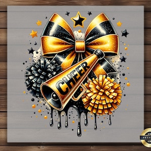 May include: A gold and black cheerleading design with a megaphone, pom-poms, and a bow. The megaphone says "CHEER" in gold letters.