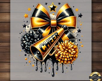 Cheer Bow Pom Pom DTF Transfer Black Gold Game Day Iron On