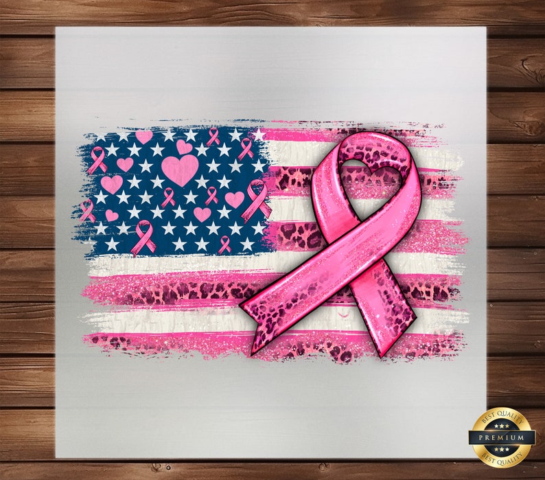May include: Pink ribbon with a leopard print design on a distressed American flag background. The ribbon is a symbol of breast cancer awareness.
