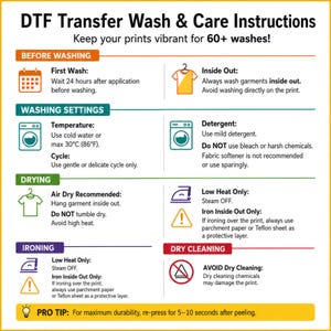 instructions for transferring wash and care instructions for a printer, providing guidelines on how to properly care for the printer to maintain its quality and longevity.