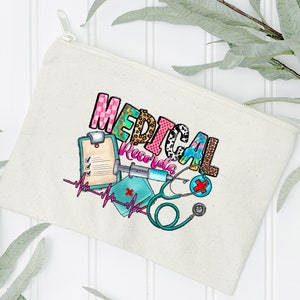 May include: A white canvas zippered pouch with a colorful graphic design that says "MEDICAL Records" with a stethoscope, syringe, and clipboard.