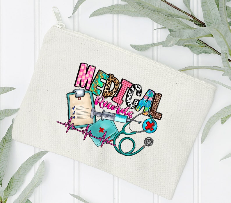 May include: A white canvas zippered pouch with a colorful graphic design that says "MEDICAL Records" with a stethoscope, syringe, and clipboard.
