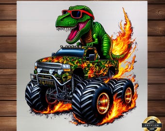 T-Rex Monster Truck DTF Transfer: Kids' Apparel Graphic