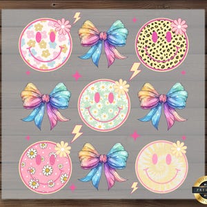 Colorful Smiley Face DTF Transfer, Floral Pattern with Bow Design, Easy Iron-On for DIY Crafts, Cute Apparel, Ready to Press