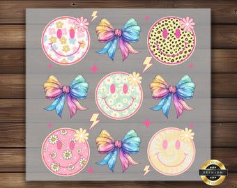 Floral Smiley Face DTF Transfer: Rainbow Bow Iron-On