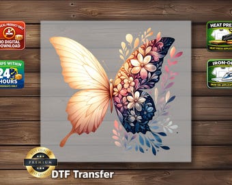 Golden Floral Butterfly DTF Transfer: Sunlight Bloom Nature Garden Insect Shirt