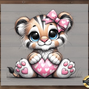May include: A cute cartoon tiger cub with pink and white polka dot bow, blue eyes, and a pink heart in its paws.