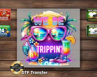 We Be Trippin' DTF Transfer: Summer Vacation Sunglasses Tropical Sunset Printed Rhinestone Effect Shirt