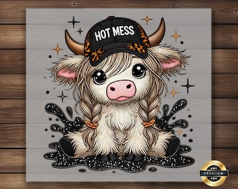 Hot Mess Highland Cow DTF Transfer: Leopard Hat, Country Girl Shirt Print